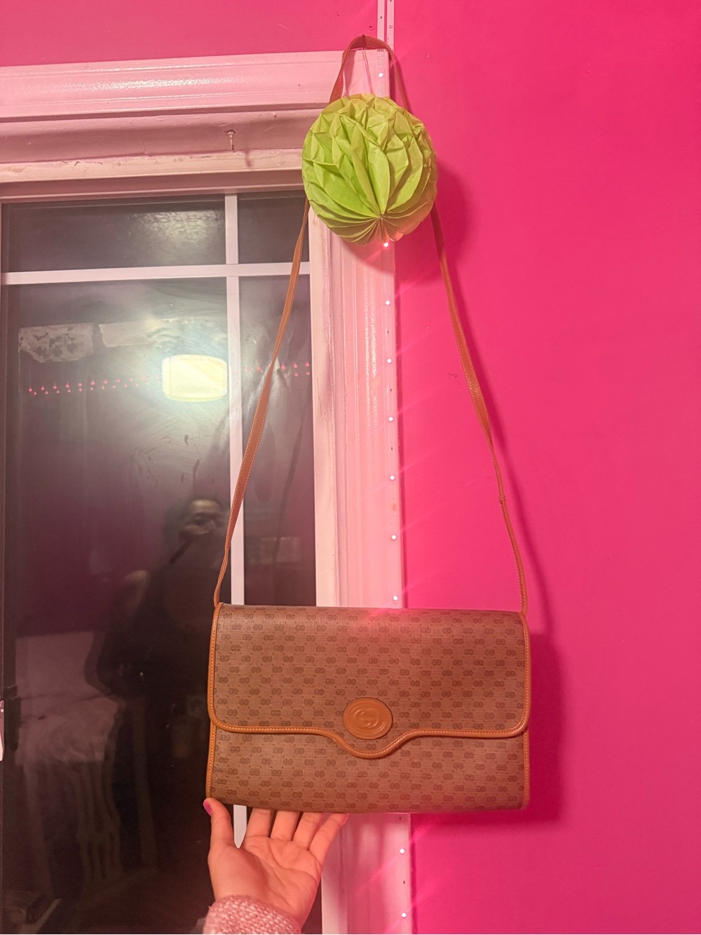 Gucci Brown Monogram Crossbody Bag with Tan Leather Trim VINTAGE GUCCI Authentic